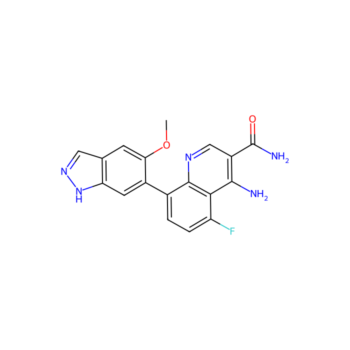 4-Amino-5-fluoro-8-(5-methoxy-1H-indazol-6-yl)quinoline-3-carboxamide, BLK 原癌基因；Src 家族酪氨酸激酶的抑制剂；Bruton 酪氨酸激酶的抑制剂；FYN 原癌基因；Src 家族酪氨酸激酶的抑制剂；IL2 诱导型 T 细胞激酶的抑制剂；SRC 原癌基因；非受体酪氨酸激酶的抑制剂；tec 蛋白酪氨酸激酶的抑制剂