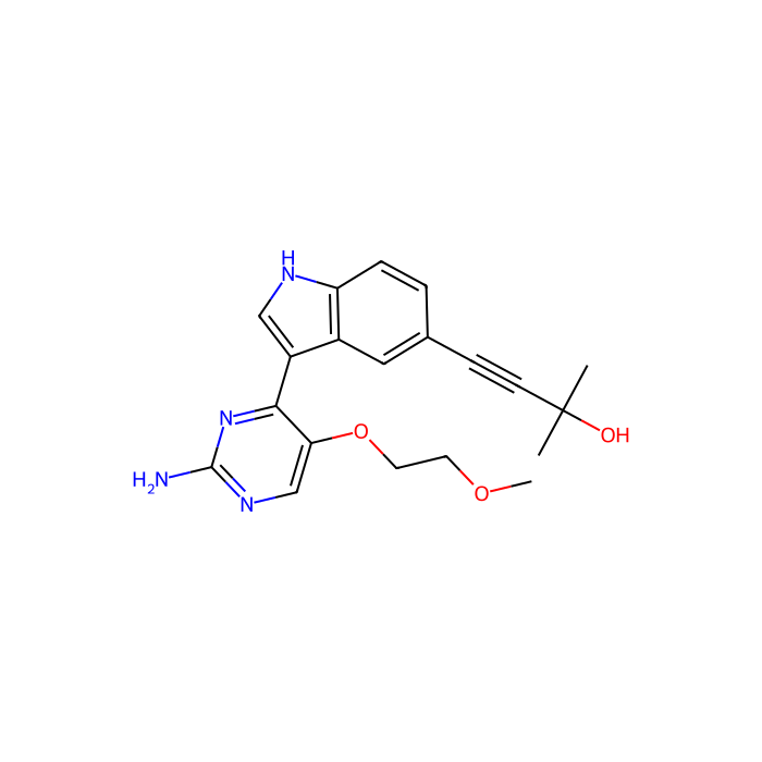 4-[3-[2-amino-5-(2-methoxyethoxy)pyrimidin-4-yl]-1H-indol-5-yl]-2-methylbut-3-yn-2-ol, 抑制丝裂原活化蛋白激酶激酶 14