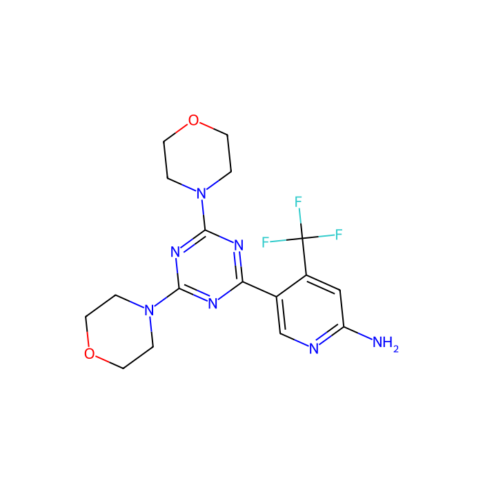 Bimiralisib (PQR309), 雷帕霉素激酶机制靶点抑制剂;磷脂酰肌醇-4;5-二磷酸 3-激酶催化亚基 alpha 抑制剂;磷脂酰肌醇-4；磷脂酰肌醇-4;5-二磷酸 3-激酶催化亚基 beta 抑制剂;磷脂酰肌醇-4;5-二磷酸 3-激酶催化亚基 delta 抑制剂;磷脂酰肌醇-4;5-二磷酸 3-激酶催化亚基 gamma 抑制剂