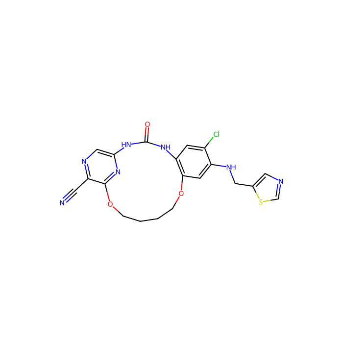 7-chloro-3-oxo-8-(1,3-thiazol-5-ylmethylamino)-11,16-dioxa-2,4,19,21-tetrazatricyclo[15.3.1.05,10]henicosa-1(20),5,7,9,17(21),18-hexaene-18-carbonitrile, 检查点激酶 1 抑制剂;FMS 相关受体酪氨酸激酶 1 抑制剂;肌肉相关受体酪氨酸激酶抑制剂;尼莫样激酶抑制剂;NIMA 相关激酶 11 抑制剂;NIMA 相关激酶 3 抑制剂;丝氨酸/苏氨酸激酶 31 抑制剂;SRSF 蛋白激酶 3 抑制剂;WNK 赖氨酸缺乏蛋白激酶 2 抑制剂