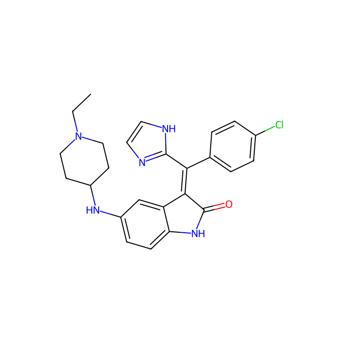 3-[(4-chlorophenyl)-(1H-imidazol-2-yl)methylidene]-5-[(1-ethylpiperidin-4-yl)amino]-1H-indol-2-one, 成纤维细胞生长因子受体 1 抑制剂；FMS 相关受体酪氨酸激酶 1 抑制剂；FMS 相关受体酪氨酸激酶 3 抑制剂；FMS 相关受体酪氨酸激酶 4 抑制剂；激酶插入域受体抑制剂；KIT 原癌基因抑制剂；受体酪氨酸激酶；丝裂原活化蛋白激酶激酶 3 抑制剂;血小板衍生生长因子受体 alpha 抑制剂;血小板衍生生长因子受体 beta 抑制剂;核糖体蛋白 S6 激酶 A3 抑制剂;SRC 原癌基因;非受体酪氨酸激酶抑制剂