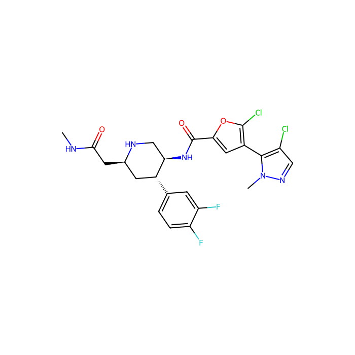 5-Chloro-4-(4-chloro-1-methyl-1H-pyrazol-5-yl)-N-((3S,4S,6S)-4-(3,4-difluorophenyl)-6-(2-(methylamino)-2-oxoethyl)piperidin-3-yl)furan-2-carboxamide, AKT 丝氨酸/苏氨酸激酶 1 抑制剂；AKT 丝氨酸/苏氨酸激酶 2 抑制剂；AKT 丝氨酸/苏氨酸激酶 3 抑制剂；蛋白激酶 A 抑制剂；Rho 相关含线圈蛋白激酶 1 抑制剂；核糖体蛋白 S6 激酶 A1 抑制剂；核糖体蛋白 S6 激酶 B1 抑制剂