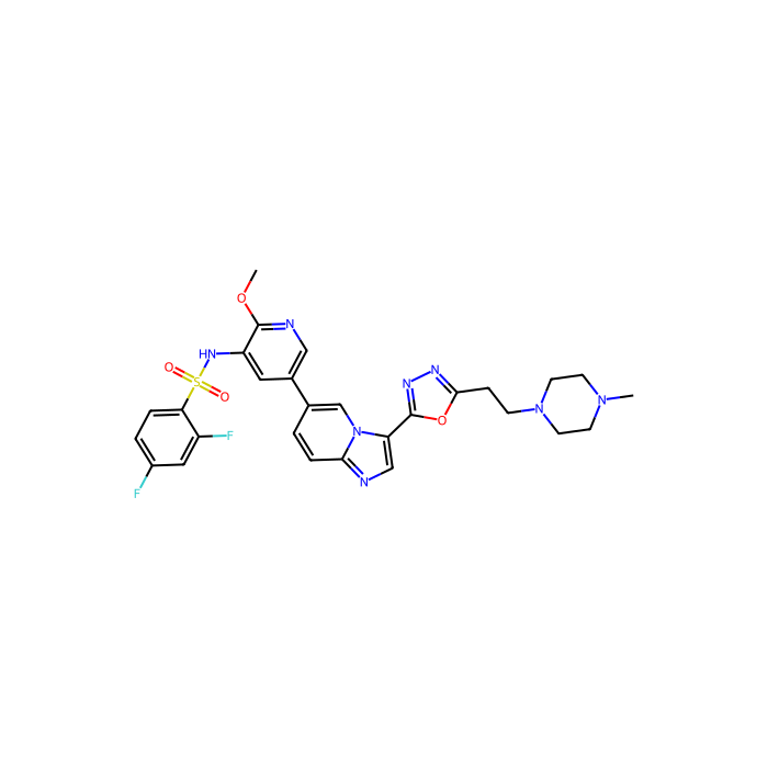 2,4-Difluoro-N-(2-methoxy-5-(3-(5-(2-(4-methylpiperazin-1-yl)ethyl)-1,3,4-oxadiazol-2-yl)imidazo[1,2-a]pyridin-6-yl)pyridin-3-yl)benzenesulfonamide, 雷帕霉素激酶机制靶点抑制剂;磷脂酰肌醇-4;5-二磷酸 3-激酶催化亚基 alpha 抑制剂;磷脂酰肌醇-4；磷脂酰肌醇-4;5-二磷酸 3-激酶催化亚基 beta 抑制剂;磷脂酰肌醇-4;5-二磷酸 3-激酶催化亚基 delta 抑制剂;磷脂酰肌醇-4;5-二磷酸 3-激酶催化亚基 gamma 抑制剂