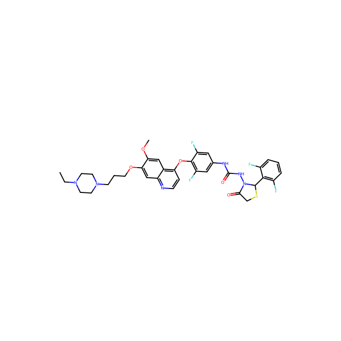 1-[2-(2,6-difluorophenyl)-4-oxo-1,3-thiazolidin-3-yl]-3-[4-[7-[3-(4-ethylpiperazin-1-yl)propoxy]-6-methoxyquinolin-4-yl]oxy-3,5-difluorophenyl]urea, AXL 受体酪氨酸激酶抑制剂；表皮生长因子受体抑制剂；胰岛素样生长因子 I 受体抑制剂；激酶插入域受体抑制剂；KIT 原癌基因受体酪氨酸激酶抑制剂；受体酪氨酸激酶;巨噬细胞刺激 1 受体抑制剂;MET 原癌基因;受体酪氨酸激酶抑制剂;SRC 原癌基因;非受体酪氨酸激酶抑制剂
