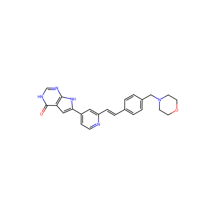 6-[2-[(E)-2-[4-(morpholin-4-ylmethyl)phenyl]ethenyl]pyridin-4-yl]-1,7-dihydropyrrolo[3,2-e]pyrimidin-4-one, 极光激酶 A 抑制剂；MAPK 活化蛋白激酶 2 抑制剂；MAPK 活化蛋白激酶 5 抑制剂；MET 原癌基因抑制剂；受体酪氨酸激酶