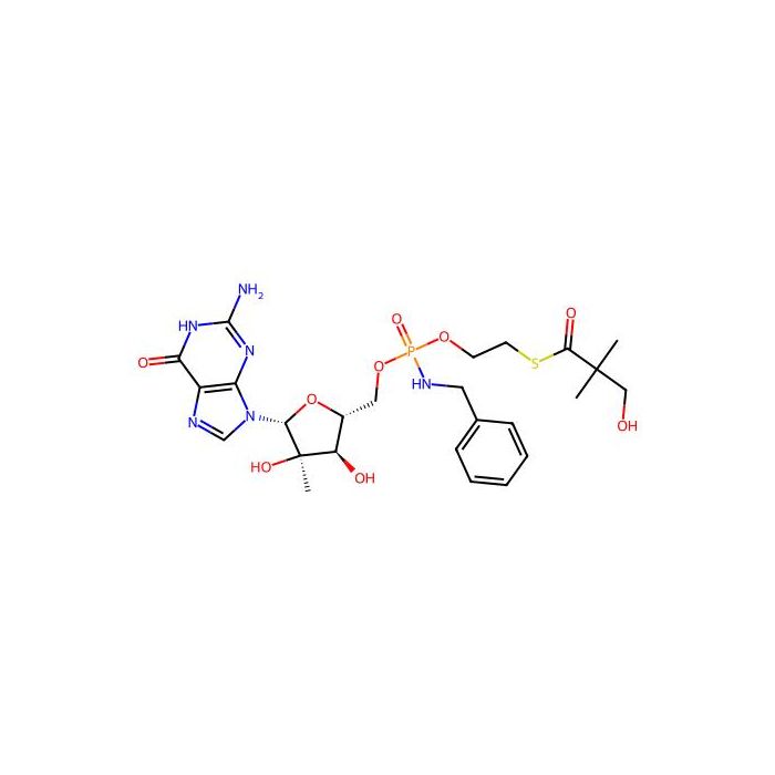 Guanosine, 2'-C-methyl-, 5'-(2-((3-hydroxy-2,2-dimethyl-1-oxopropyl)thio)ethyl N-(phenylmethyl)phosphoramidate)