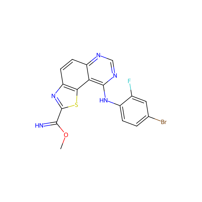methyl 9-(4-bromo-2-fluoroanilino)-[1,3]thiazolo[5,4-f]quinazoline-2-carboximidate, 双重特异性酪氨酸磷酸化调节激酶 1A 抑制剂；双重特异性酪氨酸磷酸化调节激酶 1B 抑制剂