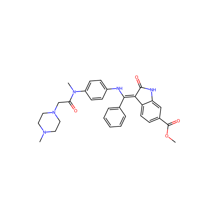 Nintedanib (BIBF 1120), 成纤维细胞生长因子受体 1 抑制剂;成纤维细胞生长因子受体 2 抑制剂;成纤维细胞生长因子受体 3 抑制剂;成纤维细胞生长因子受体 4 抑制剂;酪氨酸激酶相关受体 1 抑制剂;酪氨酸激酶相关受体 4 抑制剂;激酶插入域受体抑制剂;血小板衍生生长因子受体 alpha 抑制剂;血小板衍生生长因子受体 beta 抑制剂