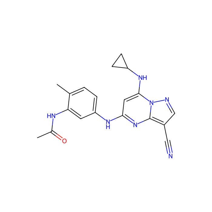 N-[5-[[3-cyano-7-(cyclopropylamino)pyrazolo[1,5-a]pyrimidin-5-yl]amino]-2-methylphenyl]acetamide, 酪蛋白激酶 2 的抑制剂；α 1 多肽亚基；双重特异性酪氨酸磷酸化调节激酶 3 的抑制剂；同源模域相互作用蛋白激酶 2 的抑制剂；Pim-3 原癌基因的抑制剂；丝氨酸/苏氨酸激酶