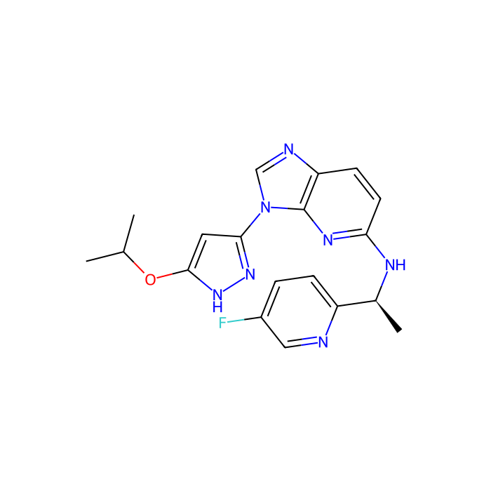 N-[(1S)-1-(5-fluoropyridin-2-yl)ethyl]-3-(3-propan-2-yloxy-1H-pyrazol-5-yl)imidazo[4,5-b]pyridin-5-amine, ABL 原癌基因 1 非受体酪氨酸激酶抑制剂；Bruton 酪氨酸激酶抑制剂；FGR 原癌基因抑制剂；Src 家族酪氨酸激酶；成纤维细胞生长因子受体 1 抑制剂；fms 相关受体酪氨酸激酶 3 抑制剂；神经营养受体酪氨酸激酶 1 抑制剂;磷酸化酶激酶催化亚基 gamma 2 抑制剂;盐诱导激酶 1 抑制剂;睾丸特异性丝氨酸激酶 2 抑制剂;WNK 赖氨酸缺乏蛋白激酶 3 抑制剂