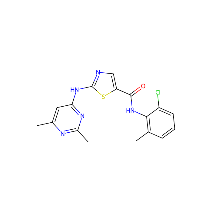 N-(2-chloro-6-methylphenyl)-2-[(2,6-dimethylpyrimidin-4-yl)amino]-1,3-thiazole-5-carboxamide, 原癌基因 BLK 的抑制剂；Src 家族酪氨酸激酶；原癌基因 FGR 的抑制剂；Src 家族酪氨酸激酶；原癌基因 FYN 的抑制剂；Src 家族酪氨酸激酶；HCK 原癌基因抑制剂；Src 家族酪氨酸激酶；Janus 激酶 3 抑制剂；LCK 原癌基因抑制剂；Src 家族酪氨酸激酶；SRC 原癌基因抑制剂；非受体酪氨酸激酶