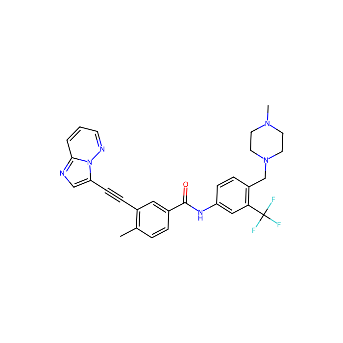 普纳替尼 (AP24534), ABL 原癌基因 1 抑制剂；非受体酪氨酸激酶；细胞周期蛋白依赖性激酶 19 抑制剂；细胞周期蛋白依赖性激酶 8 抑制剂；受体相互作用丝氨酸/苏氨酸激酶 1 抑制剂；受体相互作用丝氨酸/苏氨酸激酶 2 抑制剂；受体相互作用丝氨酸/苏氨酸激酶 3 抑制剂；ret 原癌基因抑制剂