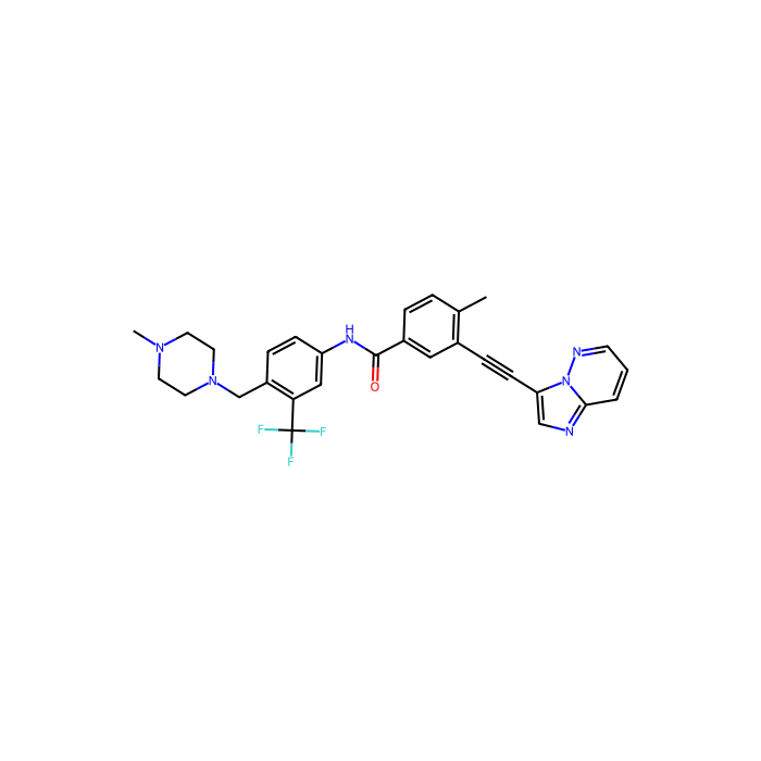 Ponatinib (AP24534), ABL 原癌基因 1 抑制剂；非受体酪氨酸激酶；细胞周期蛋白依赖性激酶 19 抑制剂；细胞周期蛋白依赖性激酶 8 抑制剂；受体相互作用丝氨酸/苏氨酸激酶 1 抑制剂；受体相互作用丝氨酸/苏氨酸激酶 2 抑制剂；受体相互作用丝氨酸/苏氨酸激酶 3 抑制剂；ret 原癌基因抑制剂