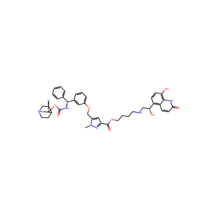 4-[[(2R)-2-hydroxy-2-(8-hydroxy-2-oxo-1H-quinolin-5-yl)ethyl]amino]butyl 5-[[3-[(S)-[[(3R)-1-azabicyclo[2.2.2]octan-3-yl]oxycarbonylamino]-phenylmethyl]phenoxy]methyl]-1-methylpyrazole-3-carboxylate, β 2-肾上腺素受体激动剂；M 3 受体拮抗剂