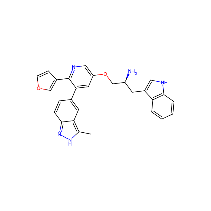 5-{5-[(2S)-2-amino-3-(1H-indol-3-yl)propoxy]-2-(furan-3-yl)pyridin-3-yl}-3-methyl-2H-indazole, 3-磷酸肌酸依赖性蛋白激酶 1 抑制剂;AKT 丝氨酸/苏氨酸激酶 1 抑制剂;AKT 丝氨酸/苏氨酸激酶 2 抑制剂;AKT 丝氨酸/苏氨酸激酶 3 抑制剂;p21 (RAC1) 激活激酶 1 抑制剂;蛋白激酶 A 抑制剂;核糖体蛋白 S6 激酶 B1 抑制剂
