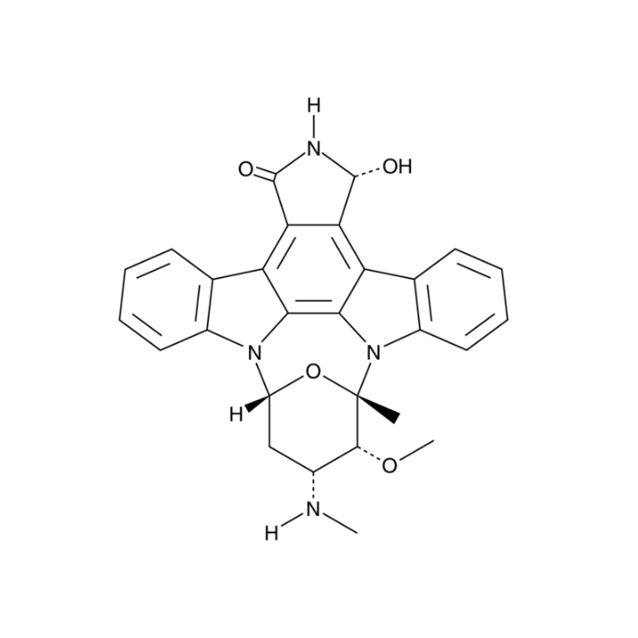 UCN-01,PKC抑制剂, 3 磷脂肌醇依赖性蛋白激酶 1 的抑制剂；检查点激酶 1 的抑制剂；检查点激酶 2 的抑制剂；细胞周期蛋白依赖性激酶 1 的抑制剂；糖原合酶激酶 3 beta 的抑制剂；LCK 原癌基因的抑制剂；Src 家族酪氨酸激酶；微管亲和性调节激酶 1 抑制剂; 丝裂原活化蛋白激酶 14 抑制剂; 蛋白激酶 A 抑制剂; 蛋白激酶 C alpha 抑制剂; 蛋白激酶 C beta 抑制剂; 蛋白激酶 C delta 抑制剂; 蛋白激酶 C epsilon 抑制剂; 蛋白激酶 C gamma 抑制剂